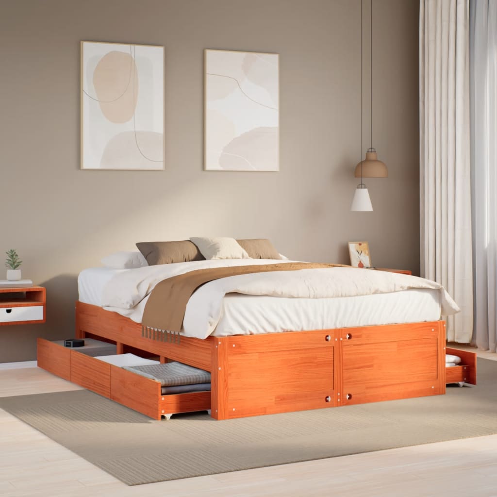 Bed Frame without Mattress with Drawers Wax Brown 140x190 cm Solid Wood Pine