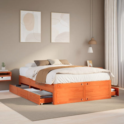 Bed Frame without Mattress with Drawers Wax Brown 140x190 cm Solid Wood Pine