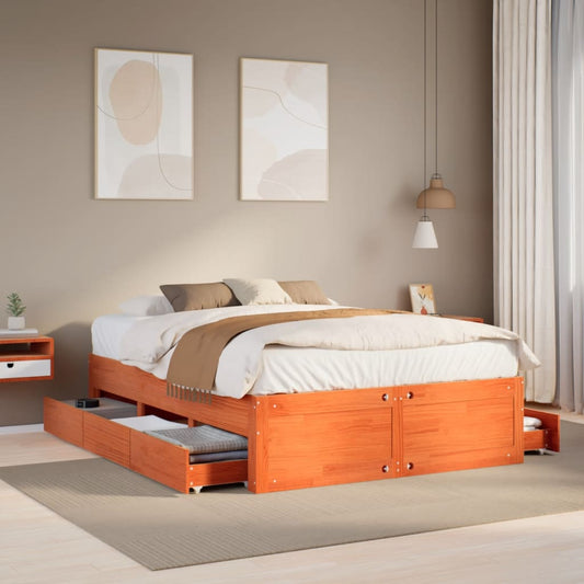 Bed Frame without Mattress with Drawers Wax Brown 140x190 cm Solid Wood Pine