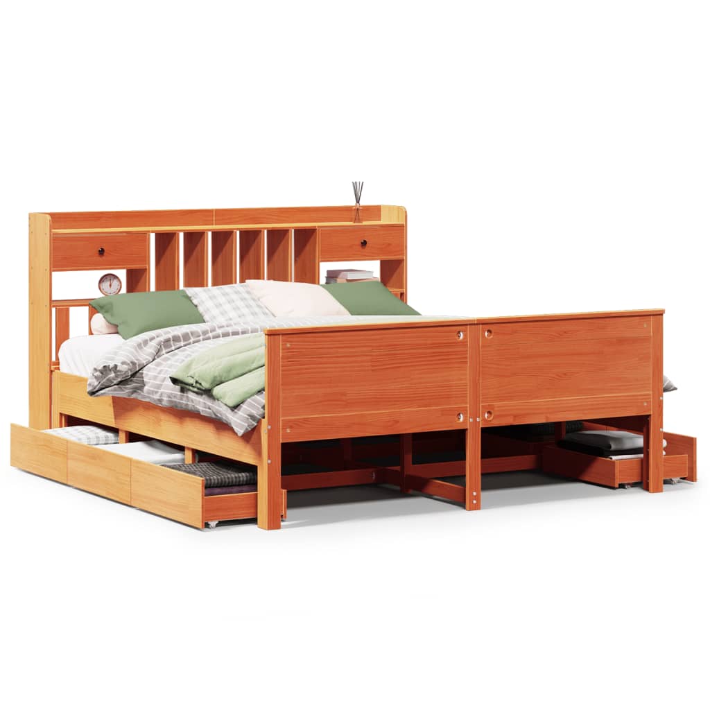 Bookcase Bed without Mattress Wax Brown 200x200cm Solid Wood Pine