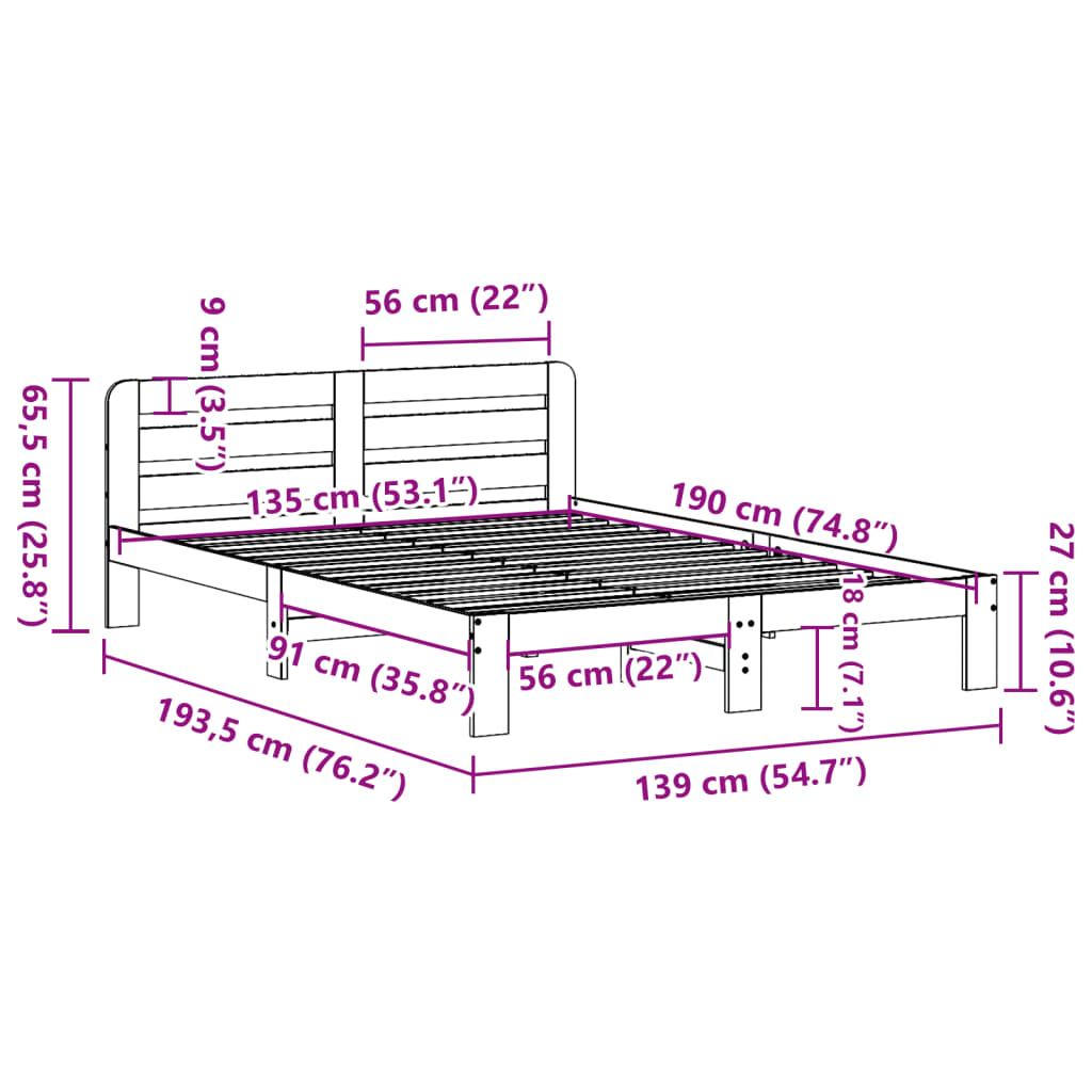 Bed Frame without Mattress Wax Brown 135x190 cm Double Solid Wood Pine