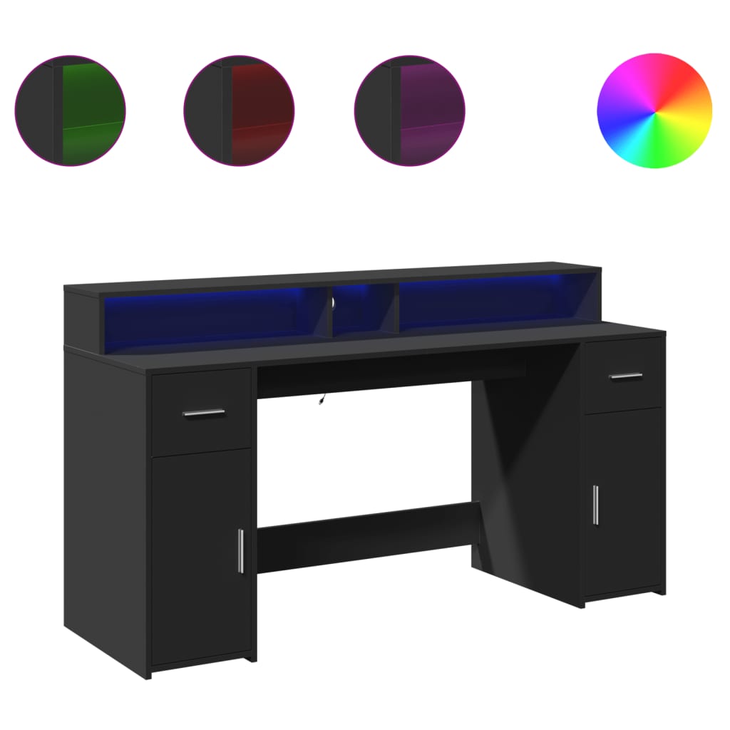 Desk with LED Lights Black 160x55x91 cm Engineered Wood