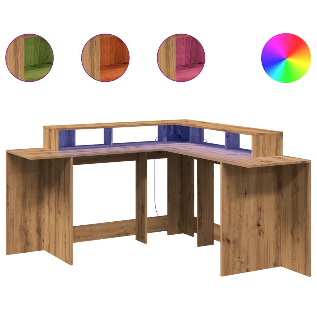Desk with LED Lights Artisian Oak 152x152x91 cm Engineered Wood