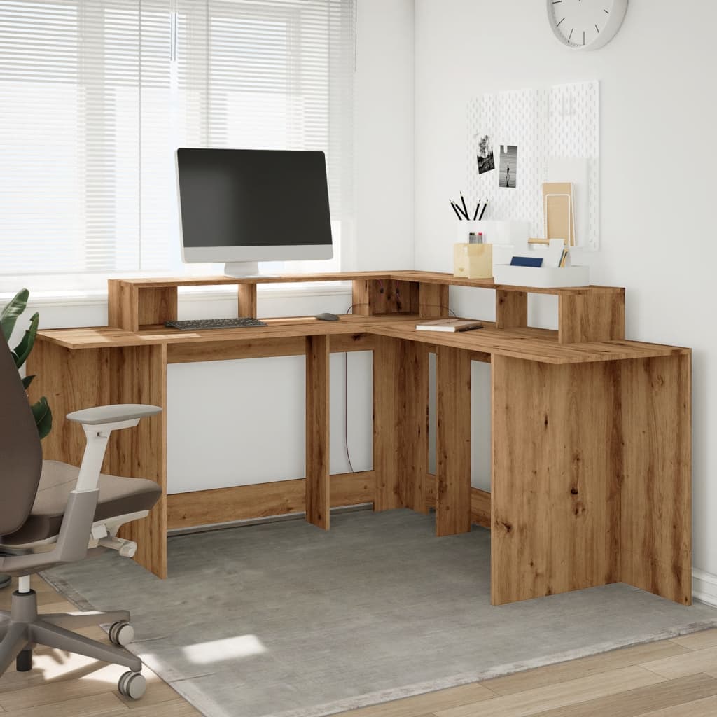 Desk with LED Lights Artisian Oak 152x152x91 cm Engineered Wood