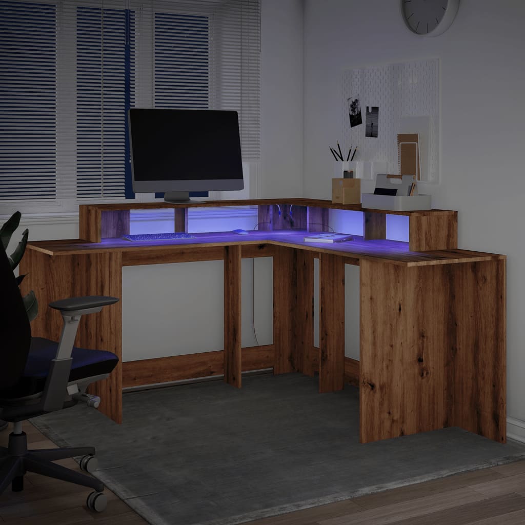 Desk with LED Lights Artisian Oak 152x152x91 cm Engineered Wood