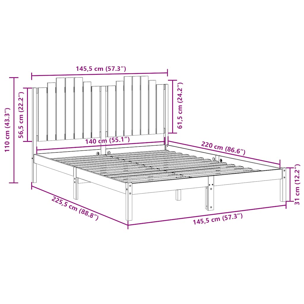 Extra Long Bed Frame without Mattress 140x220 cm Solid Wood