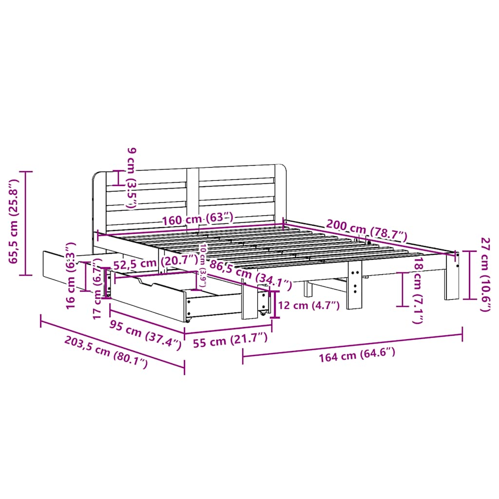 Bed Frame without Mattress 160x200 cm Solid Wood Pine