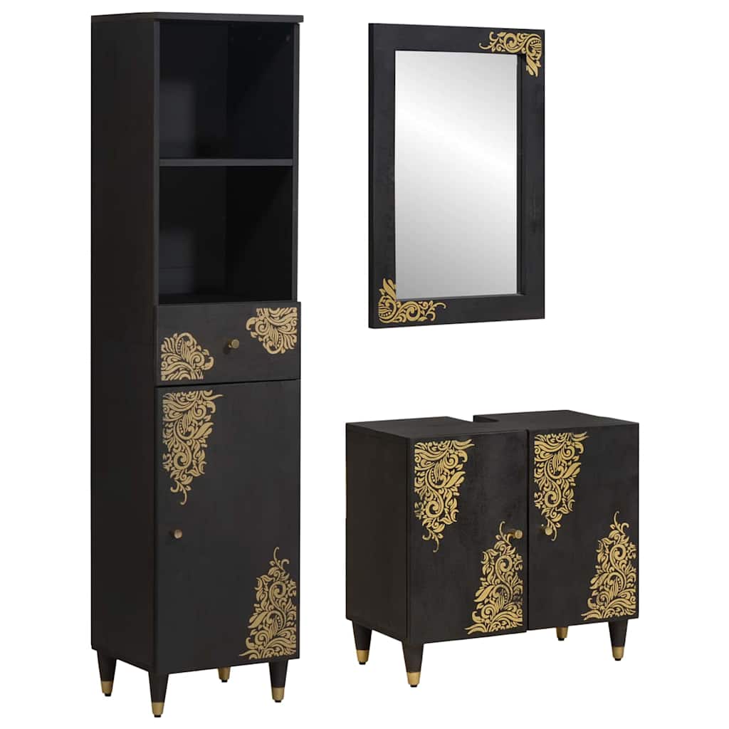 Bathroom Cabinet Set with Drawer 3 pcs Black Solid Mango Wood