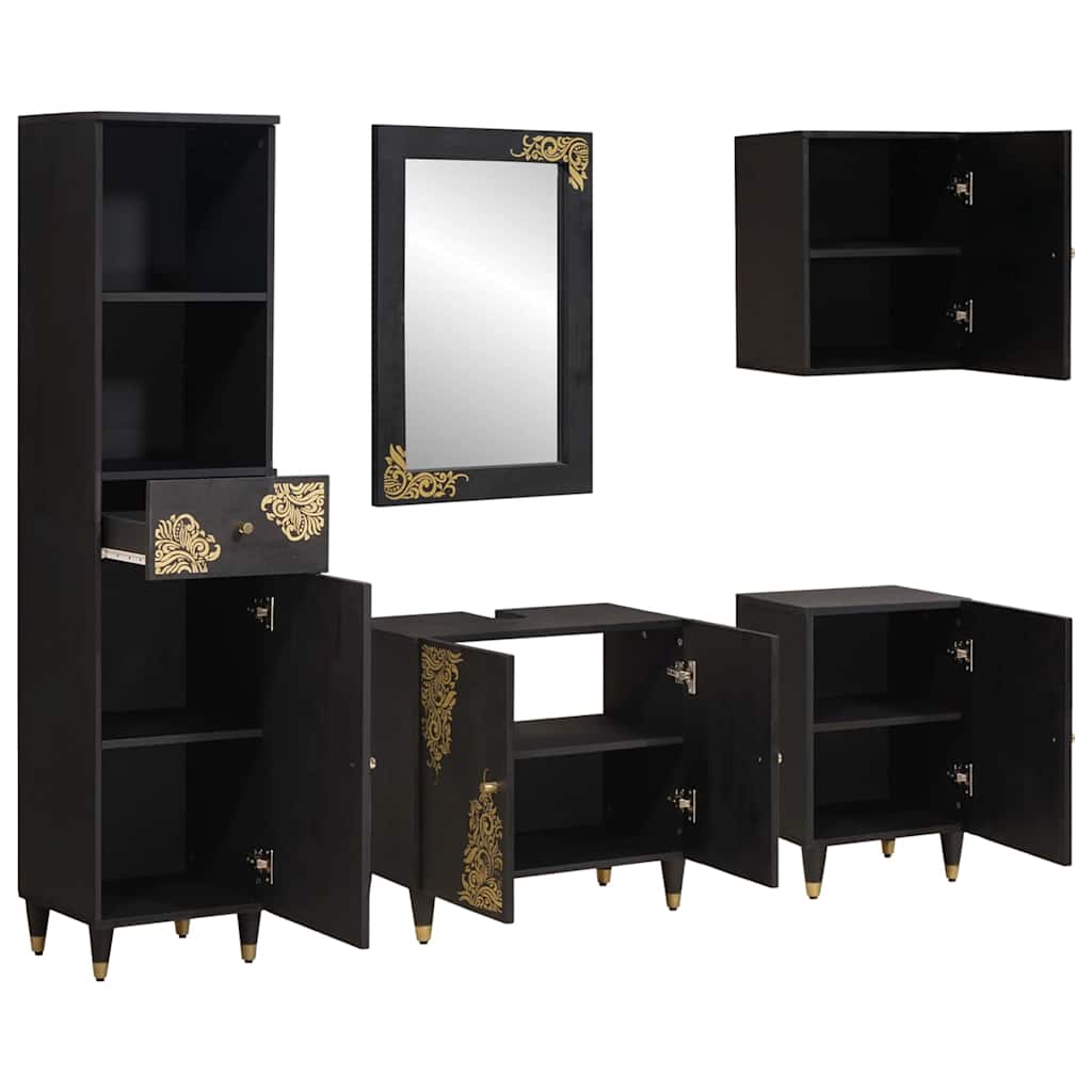 Bathroom Cabinet Set with Drawer 5 pcs Black Solid Mango Wood