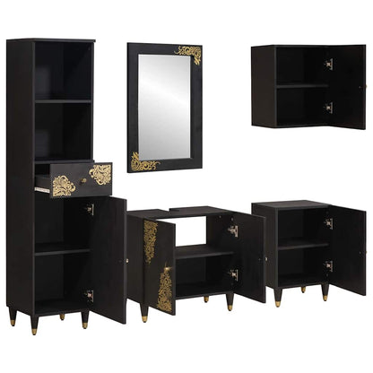 Bathroom Cabinet Set with Drawer 5 pcs Black Solid Mango Wood