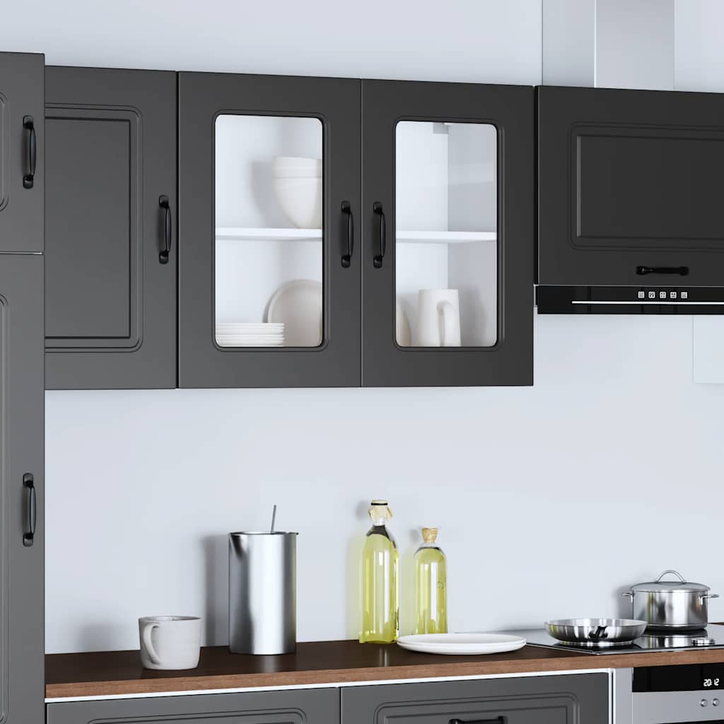 Kitchen Wall Cabinet with Glass Door Kalmar Black Engineered Wood