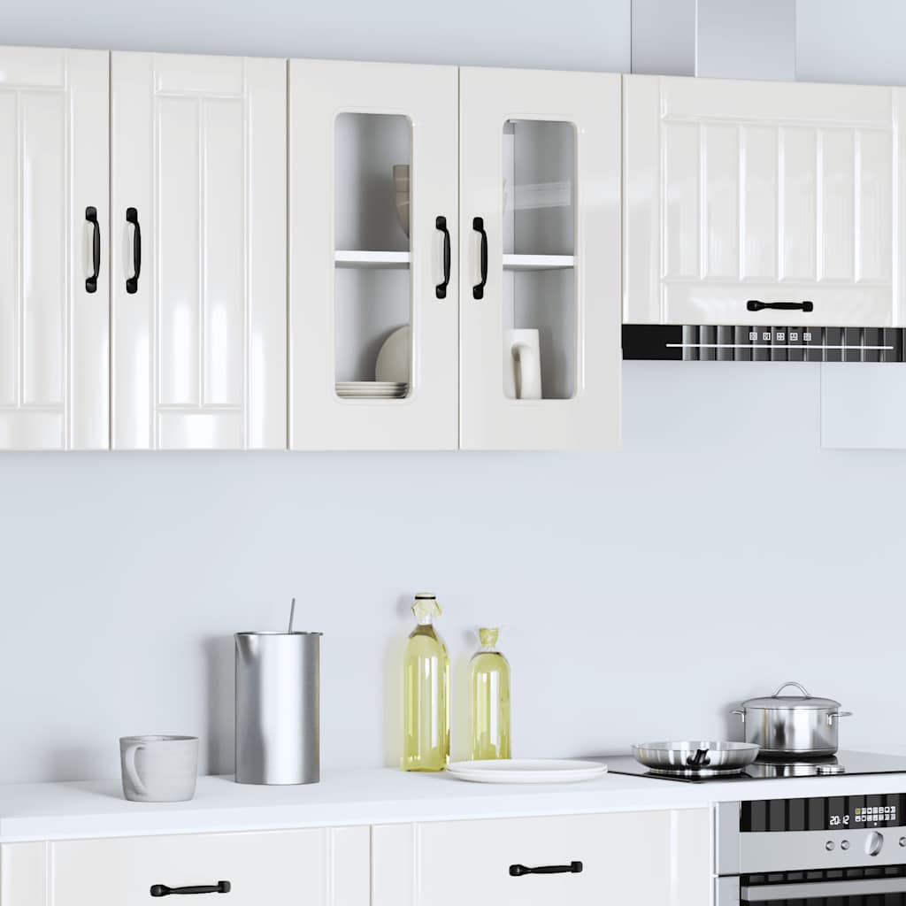 Kitchen Wall Cabinet with Glass Door Kalmar High Gloss White Engineered Wood