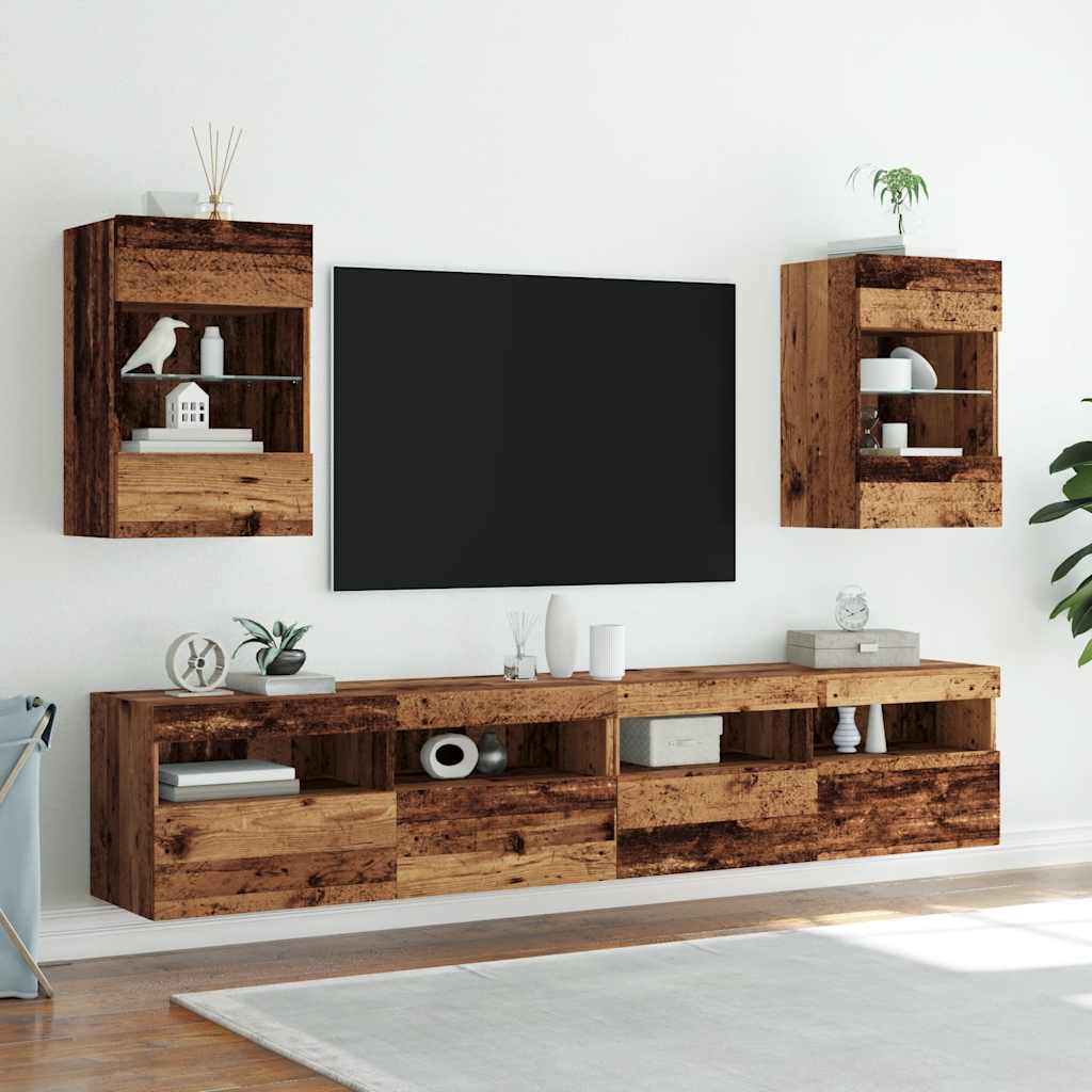 Wall Cabinets with LED Lights for TV 2 pcs Old Wood 40x30x60,5 cm