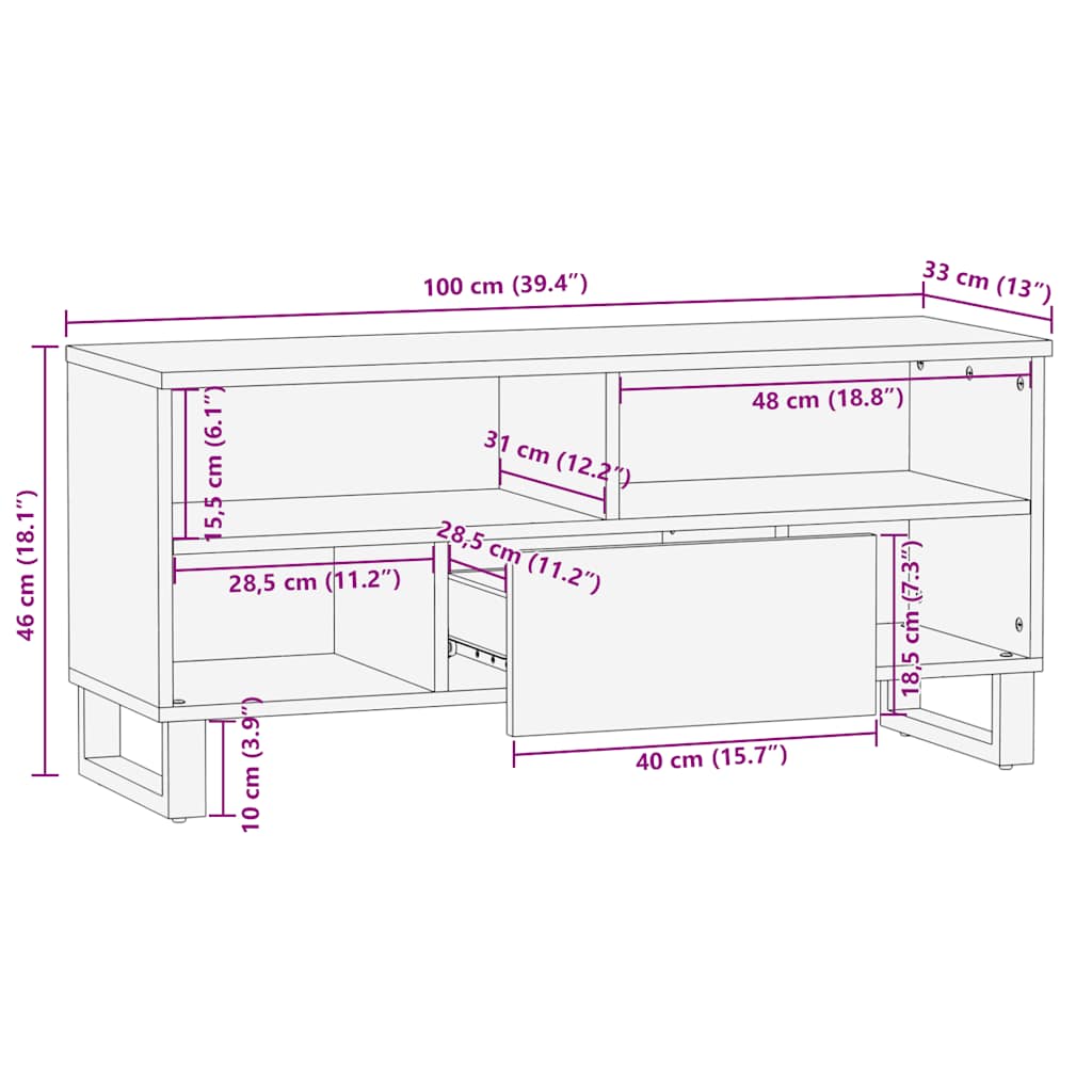 TV Cabinet Black 100x33x46 cm Solid Wood Mango