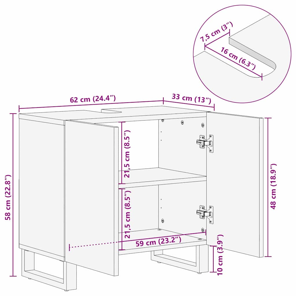 Sink Cabinet Brown and Black 62 x 33 x 58 cm Solid Mango wood