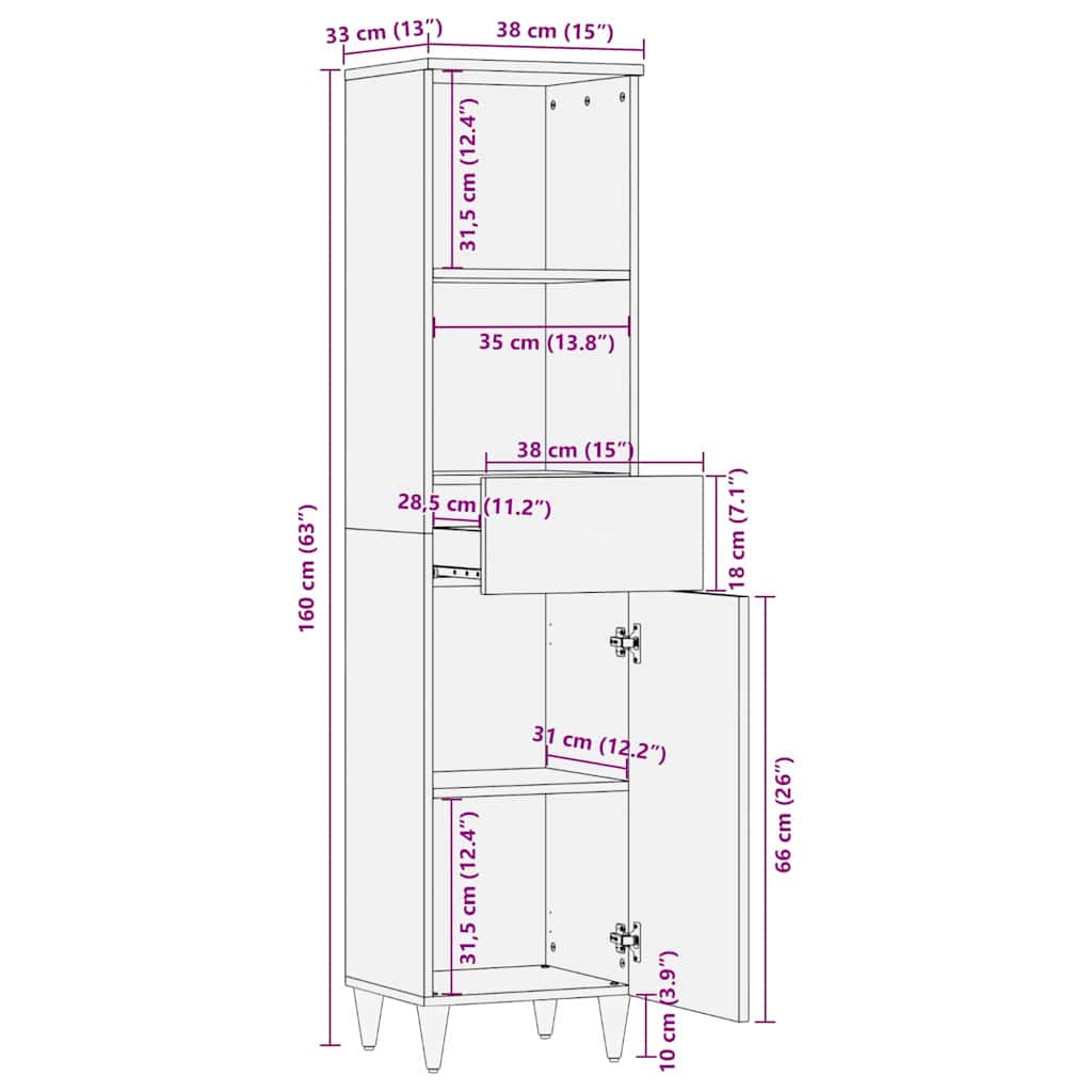 Bathroom Cabinet White 38 x 33.5 x 160 cm Solid Wood Mango