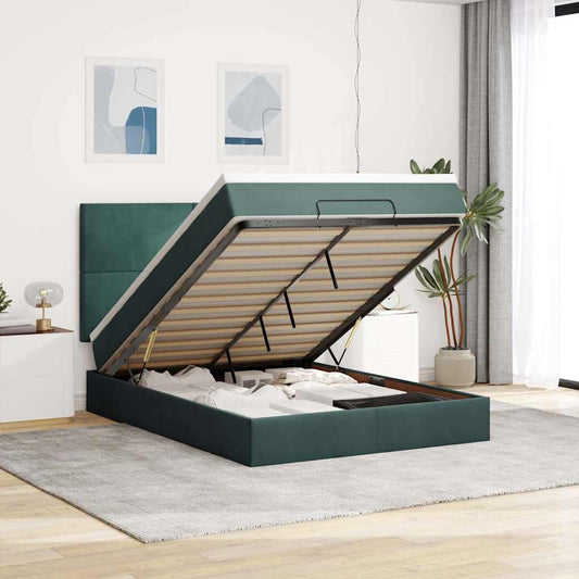 Ottoman Bed with Mattresses Dark Green 140x190cm Velvet