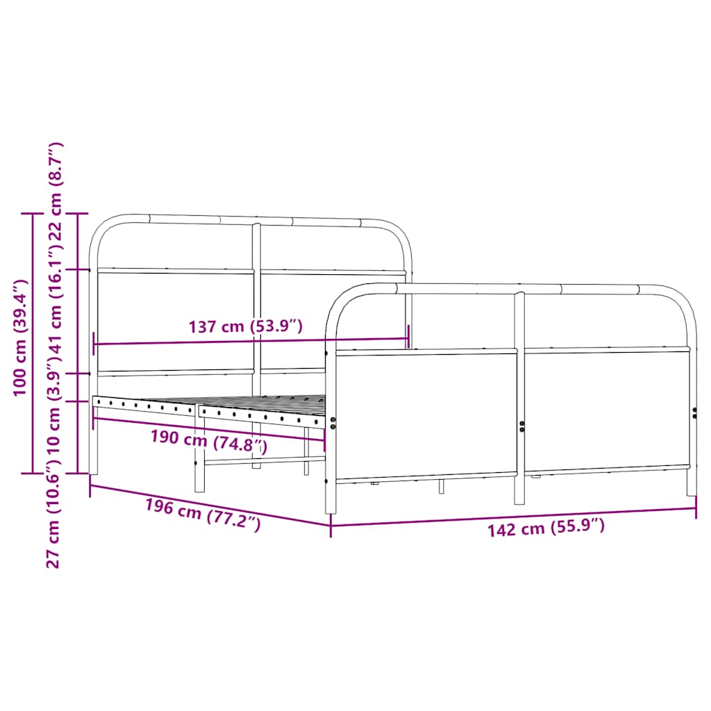 Metal Bed Frame without Mattress Sonoma Oak 137x190 cm