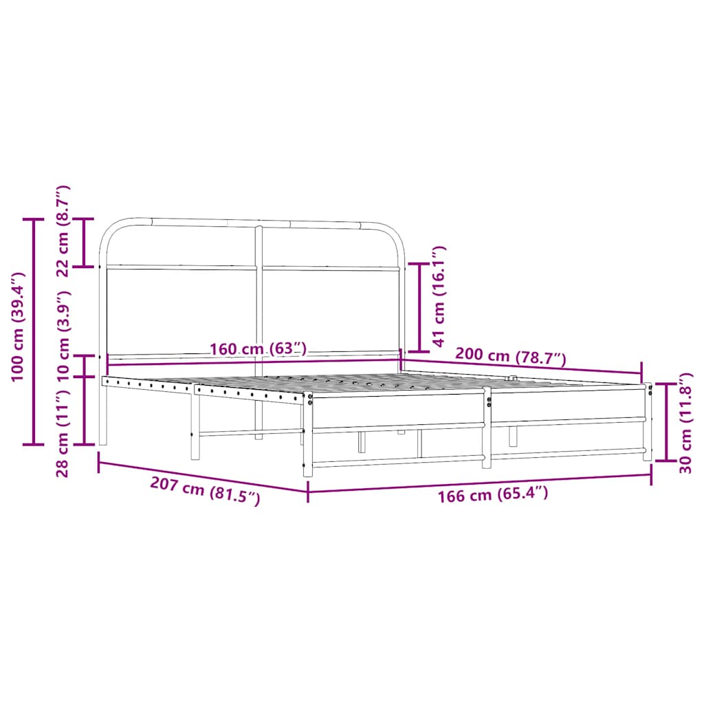 Metal Bed Frame without Mattress Smoked Oak 160x200 cm