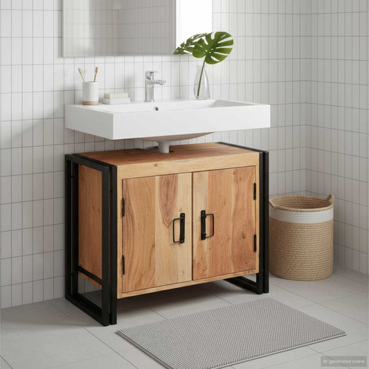 Bathroom Sink Cabinet with Door Solid Acacia wood and Iron