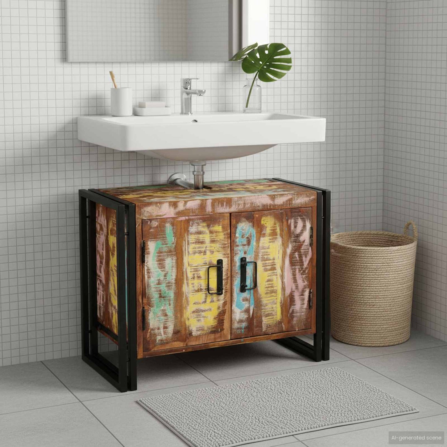 Bathroom Sink Cabinet with Door Solid Reclaim wood and Iron