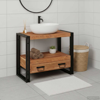 Bathroom Sink Cabinet with Drawer Solid Acacia wood and Iron