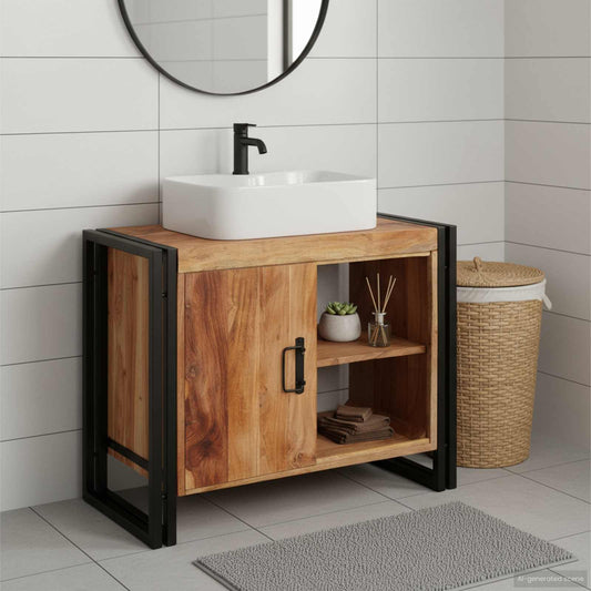 Bathroom Sink Cabinet with Door Solid Acacia wood and Iron