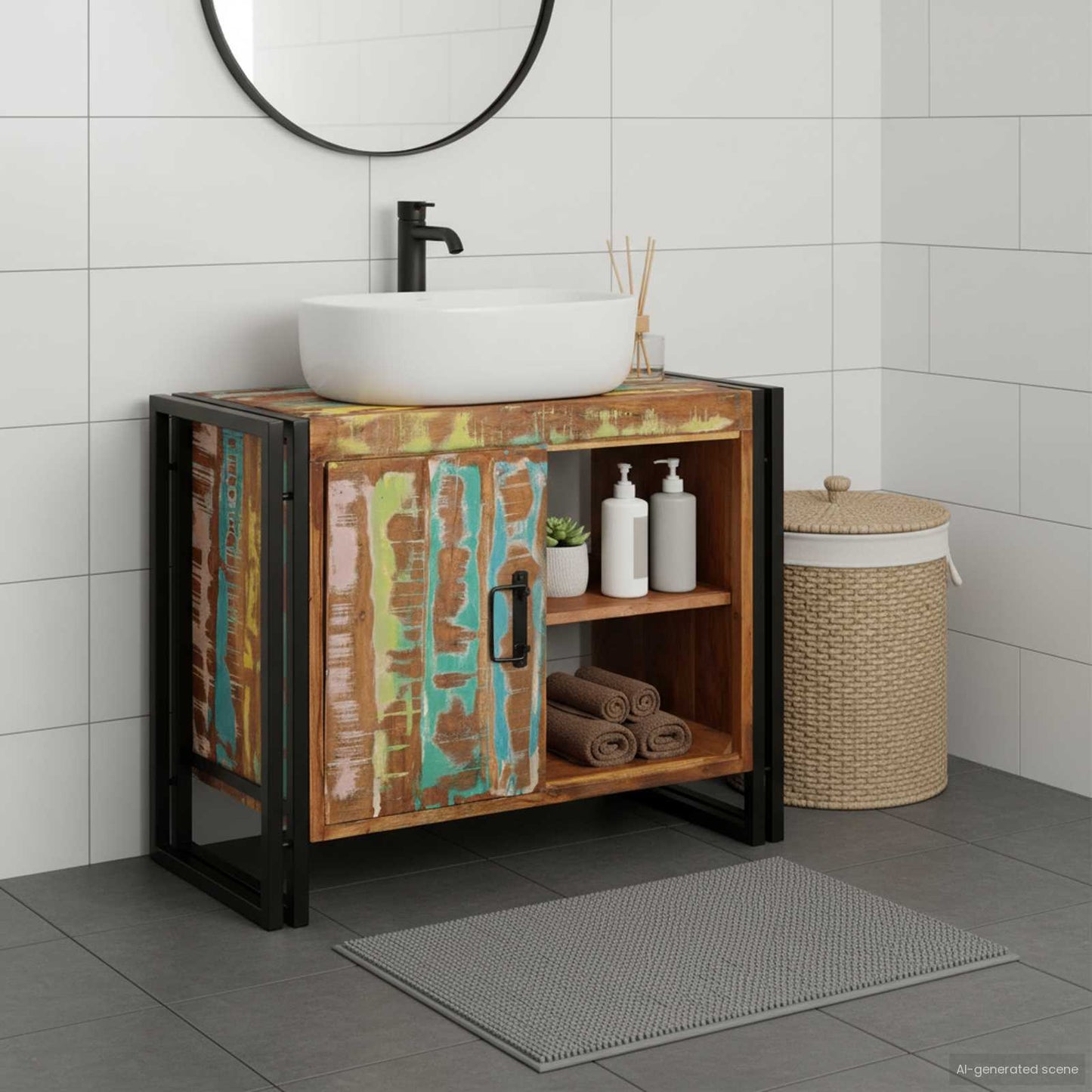 Bathroom Sink Cabinet with Door Solid Reclaim wood and Iron