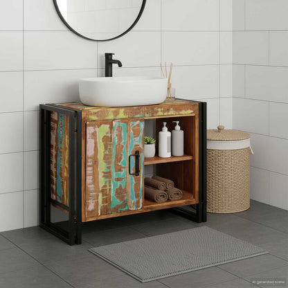 Bathroom Sink Cabinet with Door Solid Reclaim wood and Iron