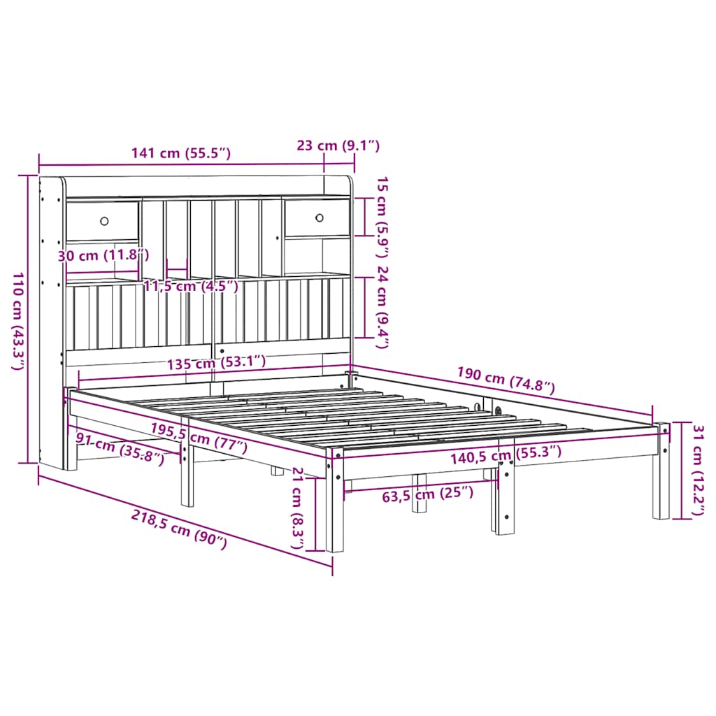 Bookcase Bed without Mattress White 135x190 cm Double Solid Wood Pine