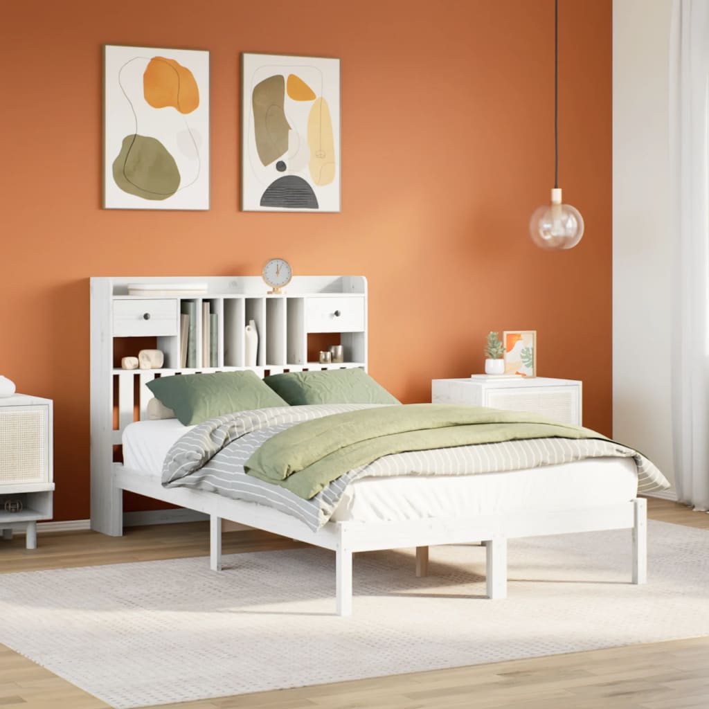 Bookcase Bed without Mattress White 135x190 cm Double Solid Wood Pine