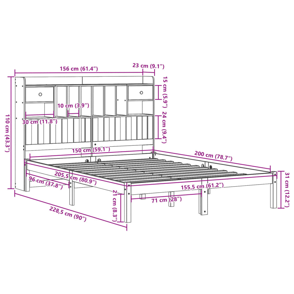Bookcase Bed without Mattress White 150x200 cm King Solid Wood Pine