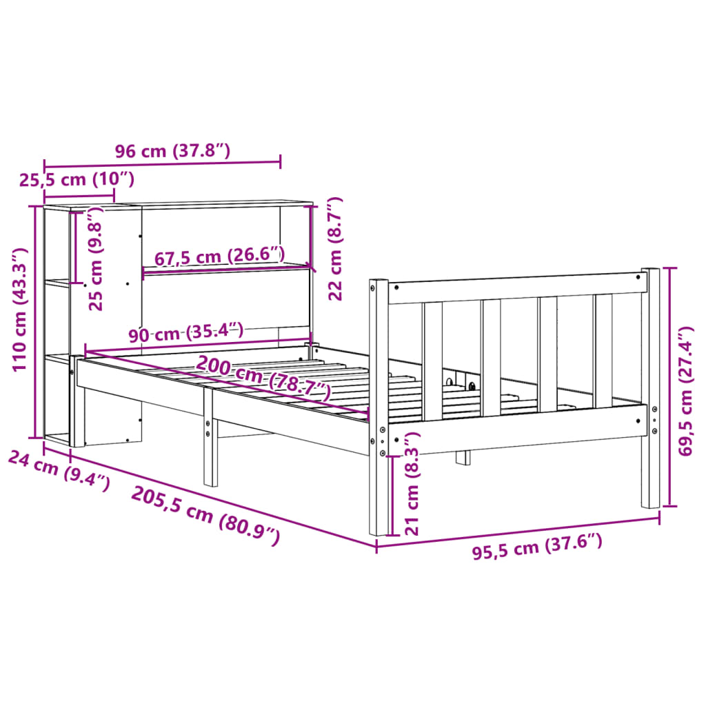 Bookcase Bed without Mattress 90x200 cm Solid Wood Pine