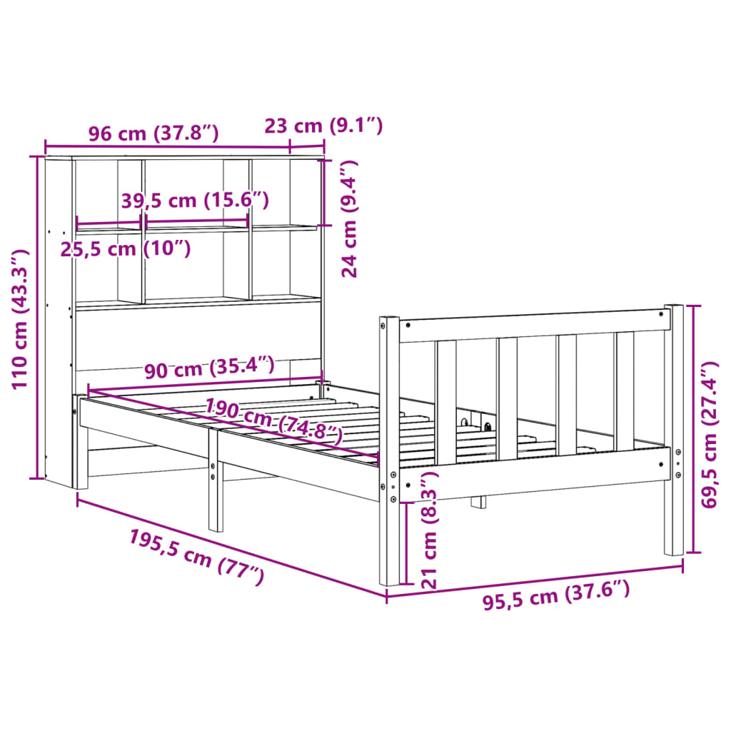 Bookcase Bed without Mattress White 90x190 cm Single Solid Wood Pine
