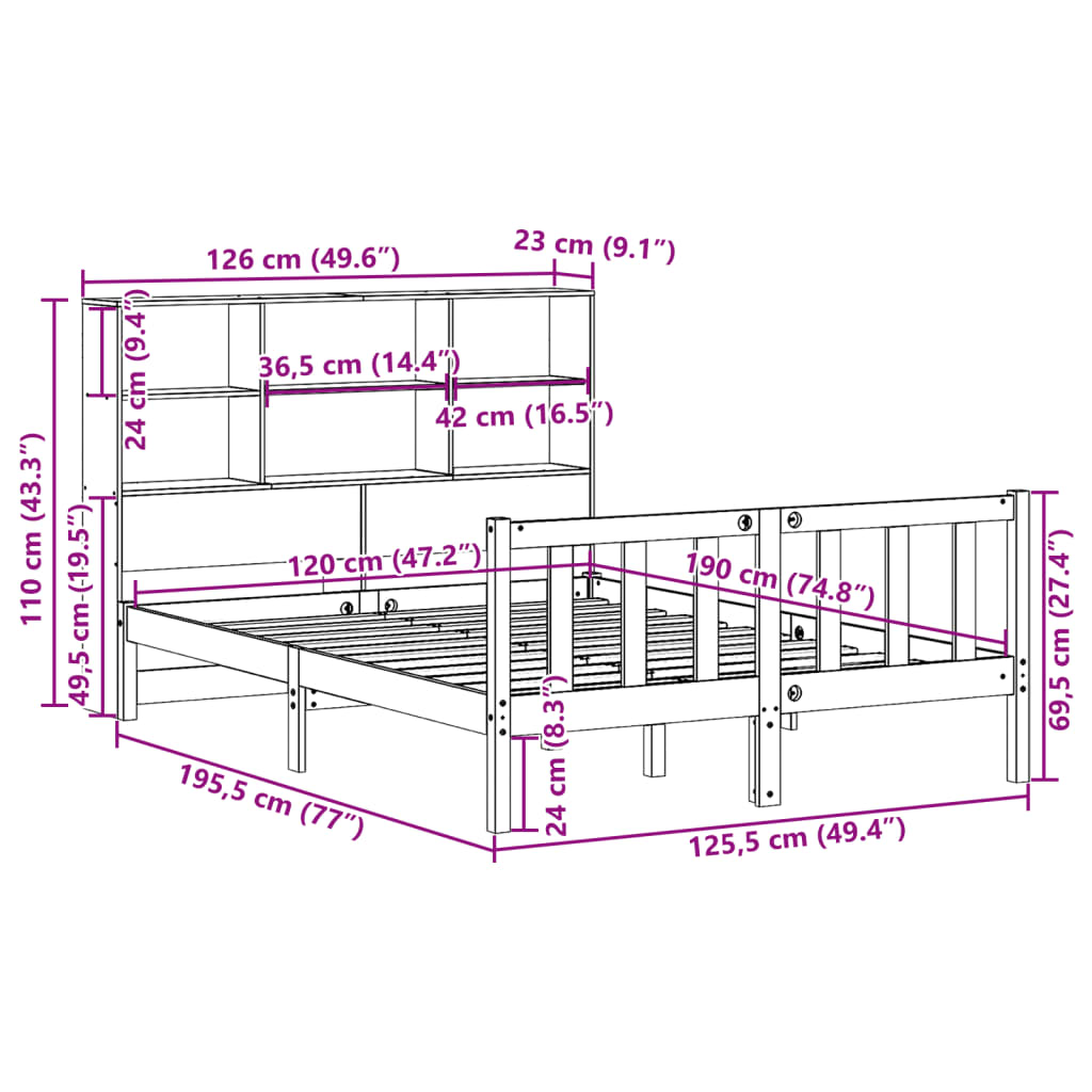 Bookcase Bed without Mattress Wax Brown 120x190 cm Small Double Solid Wood Pine