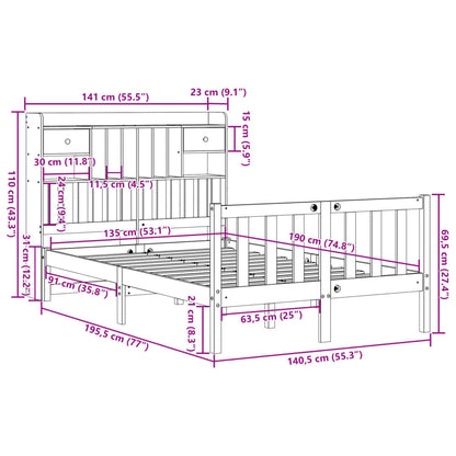 Bookcase Bed without Mattress White 135x190 cm Double Solid Wood Pine
