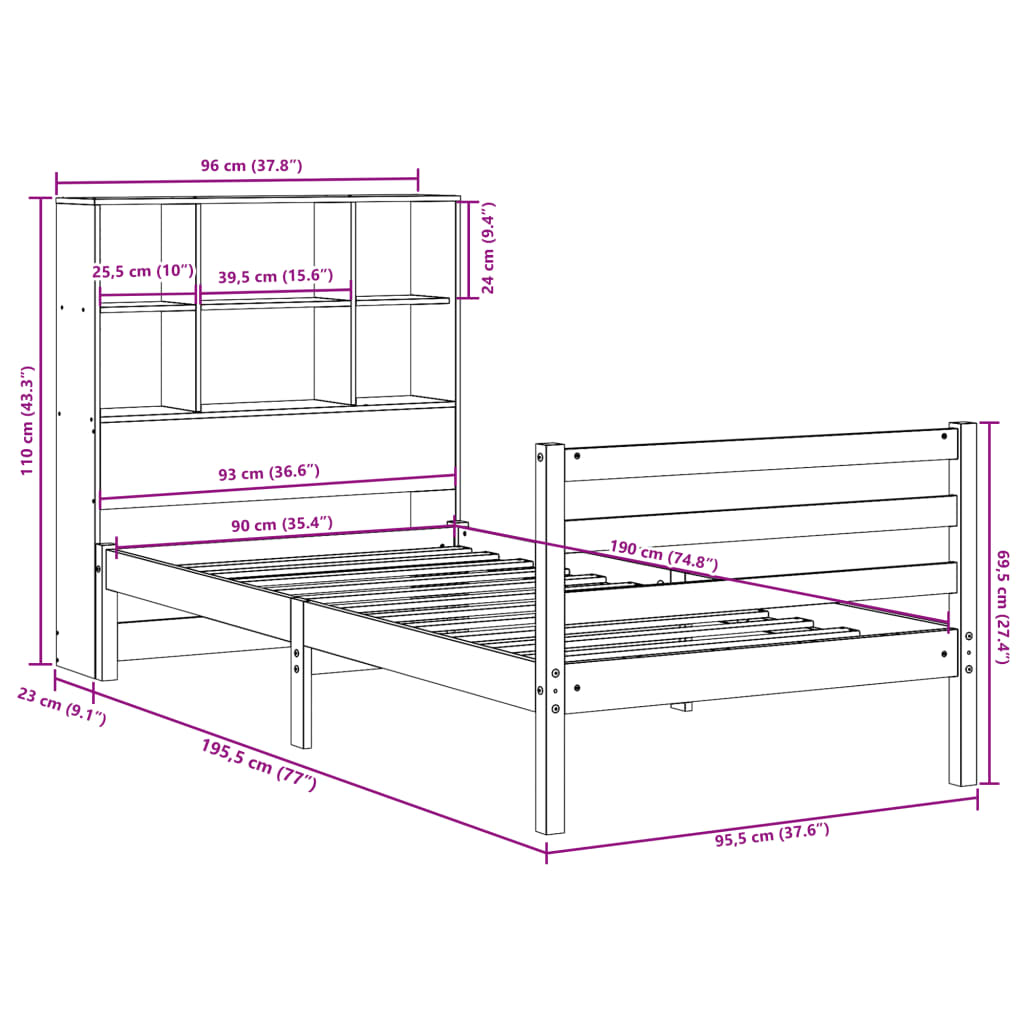 Bookcase Bed without Mattress White 90x190 cm Single Solid Wood Pine
