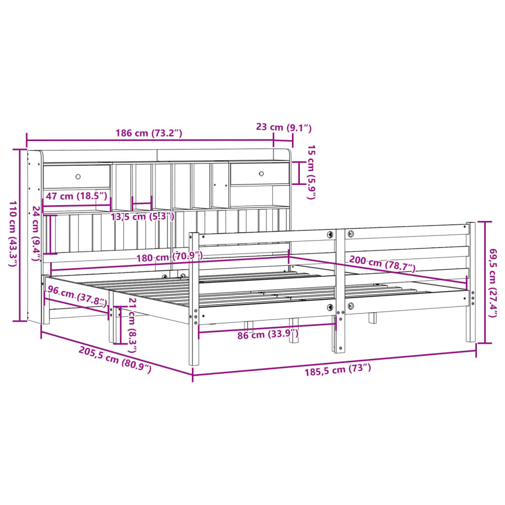 Bookcase Bed without Mattress 180x200 cm Super King Solid Wood Pine