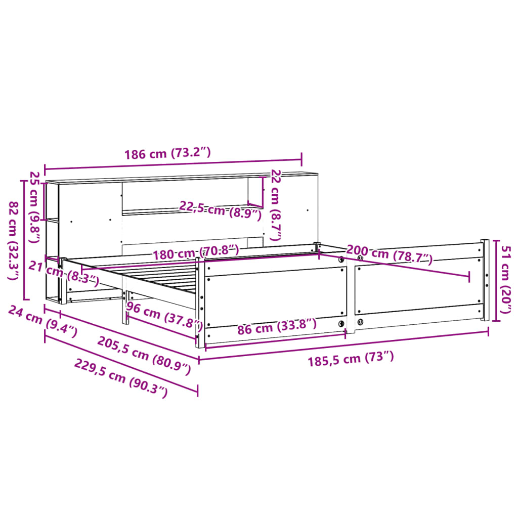 Bookcase Bed without Mattress White 180x200cm Super King Solid Wood Pine