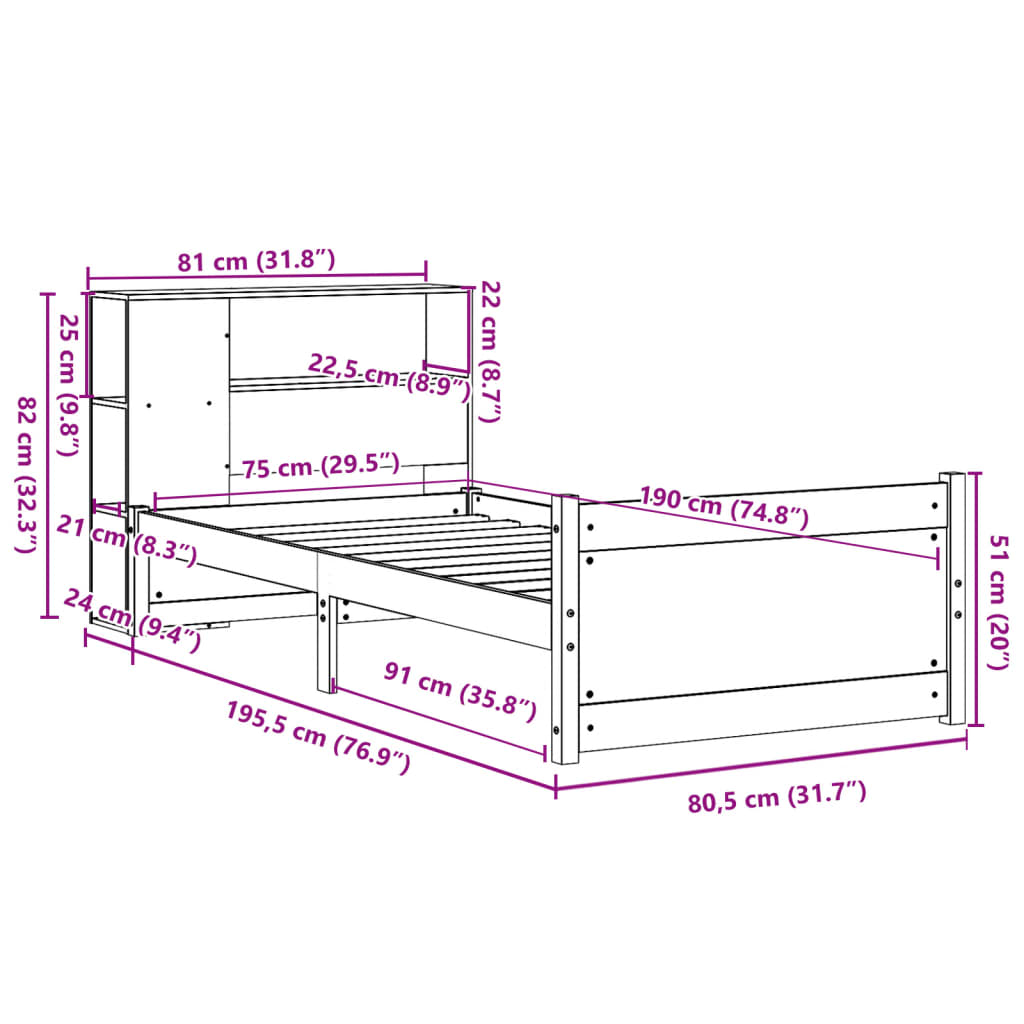 Bookcase Bed without Mattress 75x190cm Small Single Solid Wood Pine