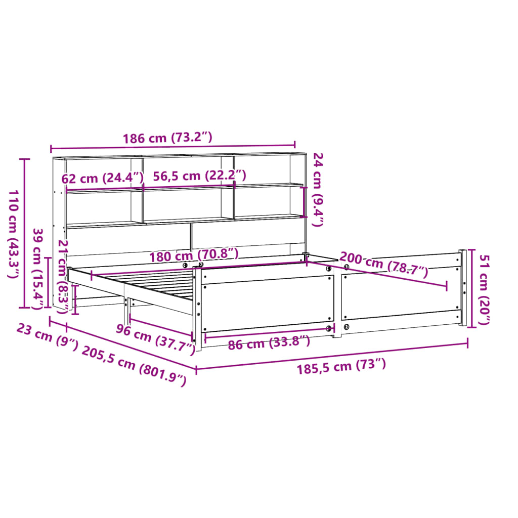 Bookcase Bed without Mattress White 180x200 cm Super King Solid Wood Pine