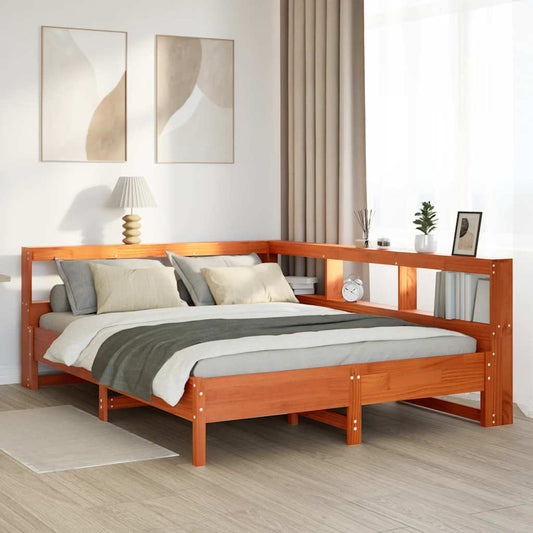 Bookcase Bed without Mattress Wax Brown 150x200 cm King Size Solid Wood Pine