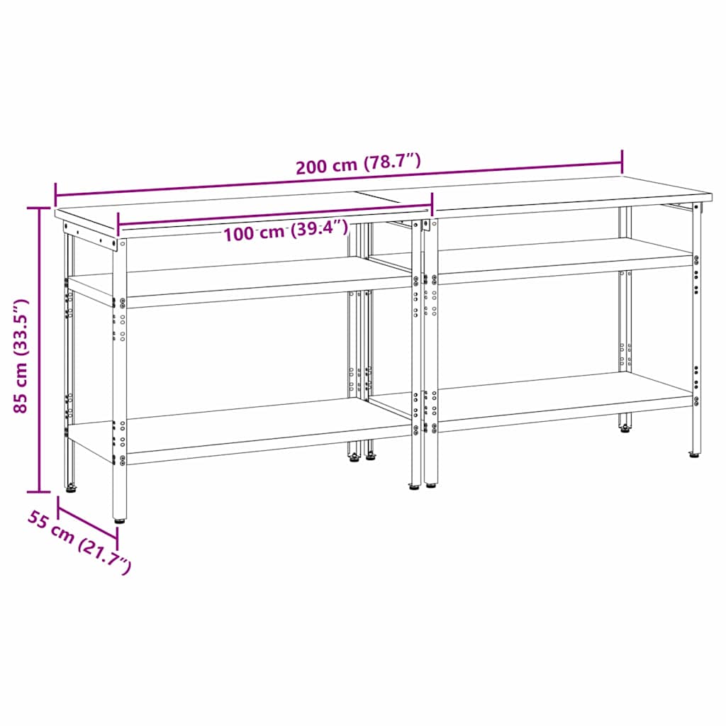 Work Bench Set with Shelf 2 pcs Grey 200 x 55 x 85 cm Steel