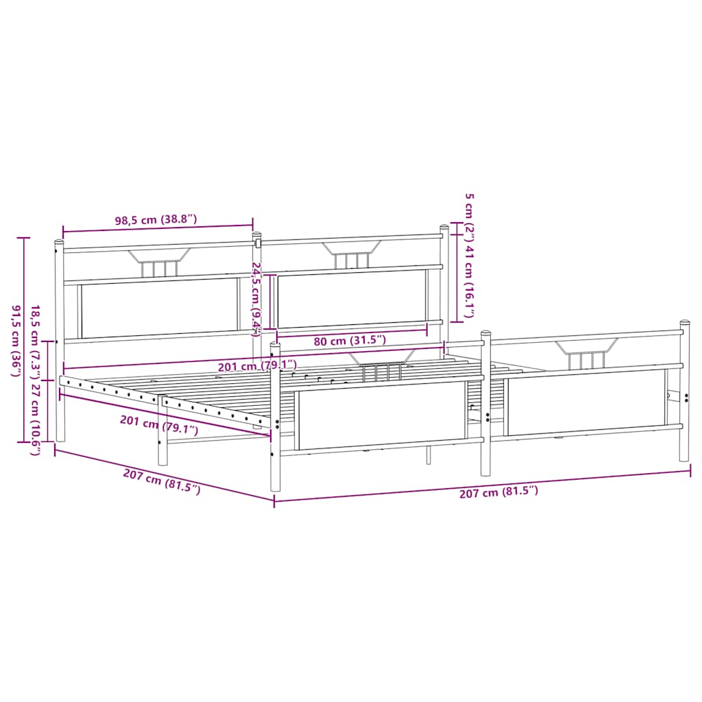 Metal Bed Frame without Mattress Brown Oak 200x200 cm