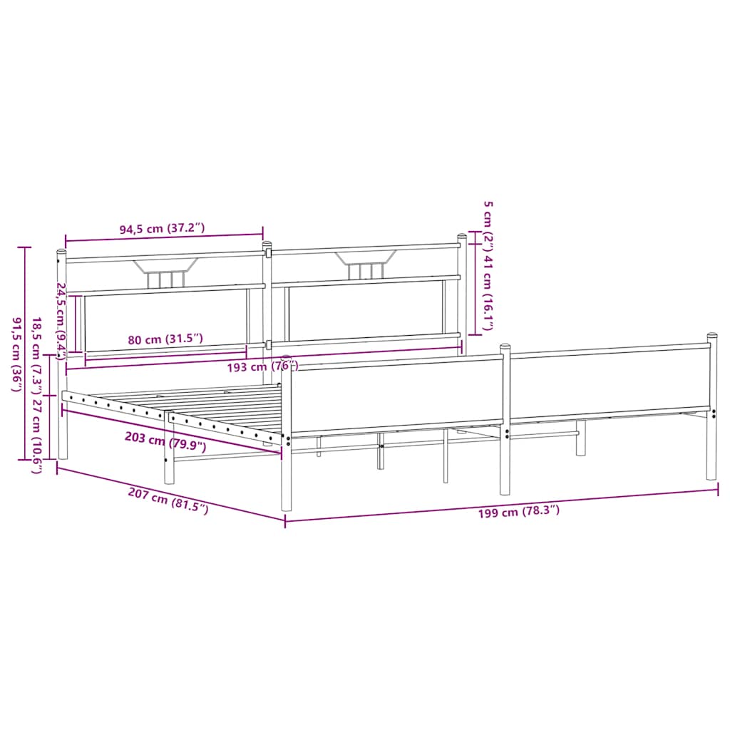 Metal Bed Frame without Mattress Sonoma Oak 193x201 cm