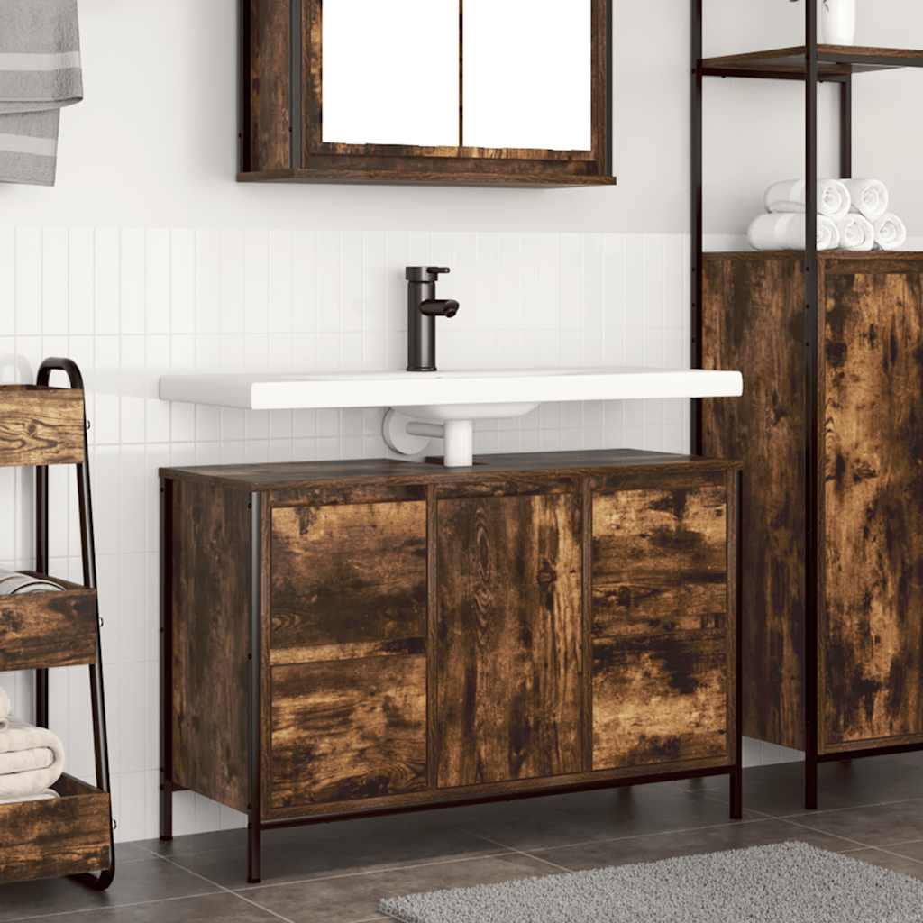Basin Cabinet with Drawers Smoked Oak 90x34.5x60 cm
