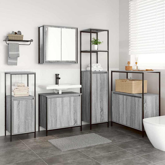 Bathroom Furniture Set with Shelf 5 pcs Grey sonoma and Black