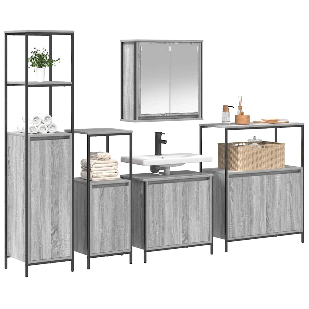 Bathroom Furniture Set with Shelf 5 pcs Grey sonoma and Black