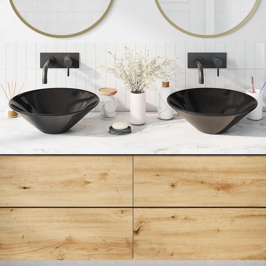 Wash Basins 2 pcs Gloss Black Ø42x14 cm Ceramic