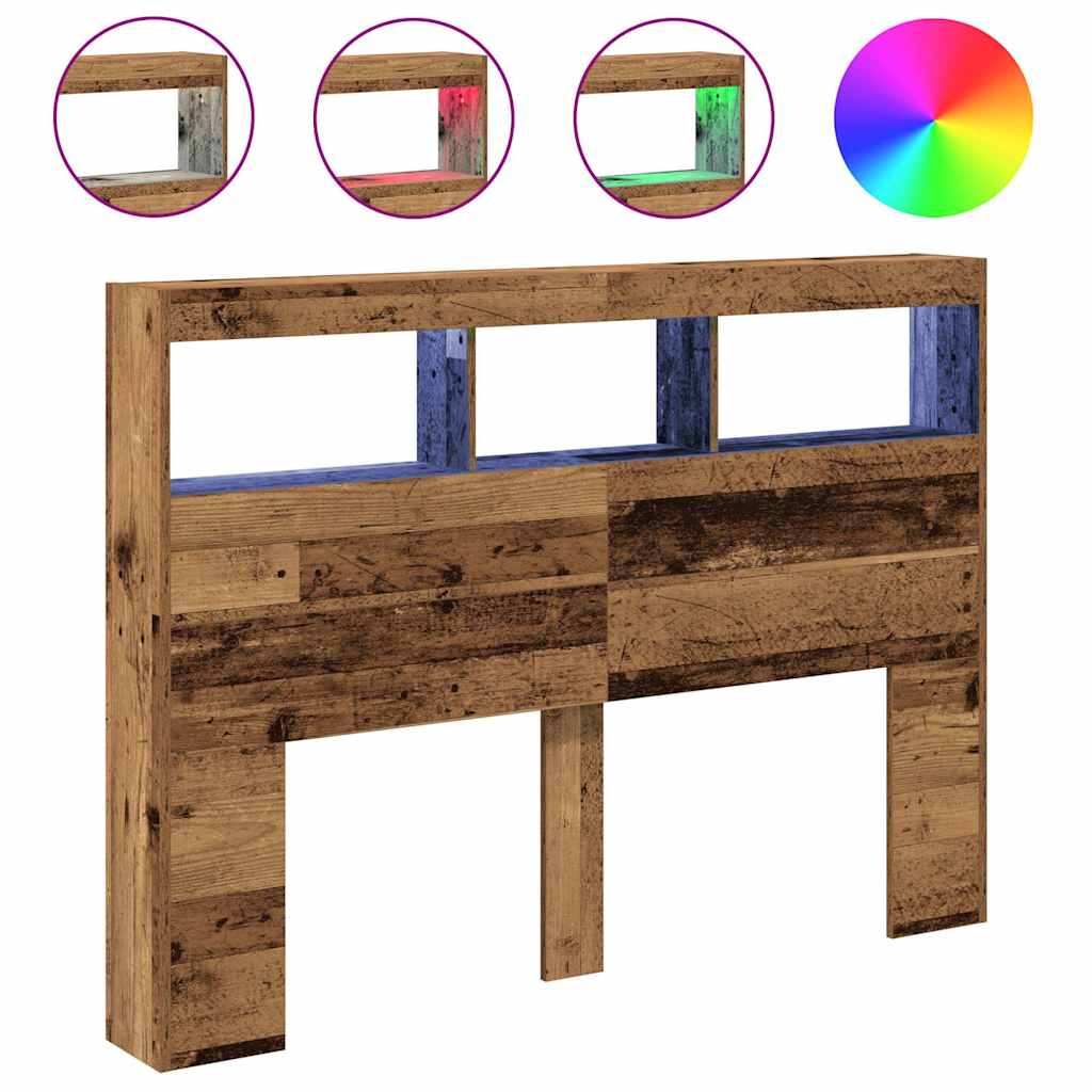 Headboard Cabinet with LED Old Wood 140x17x102 cm